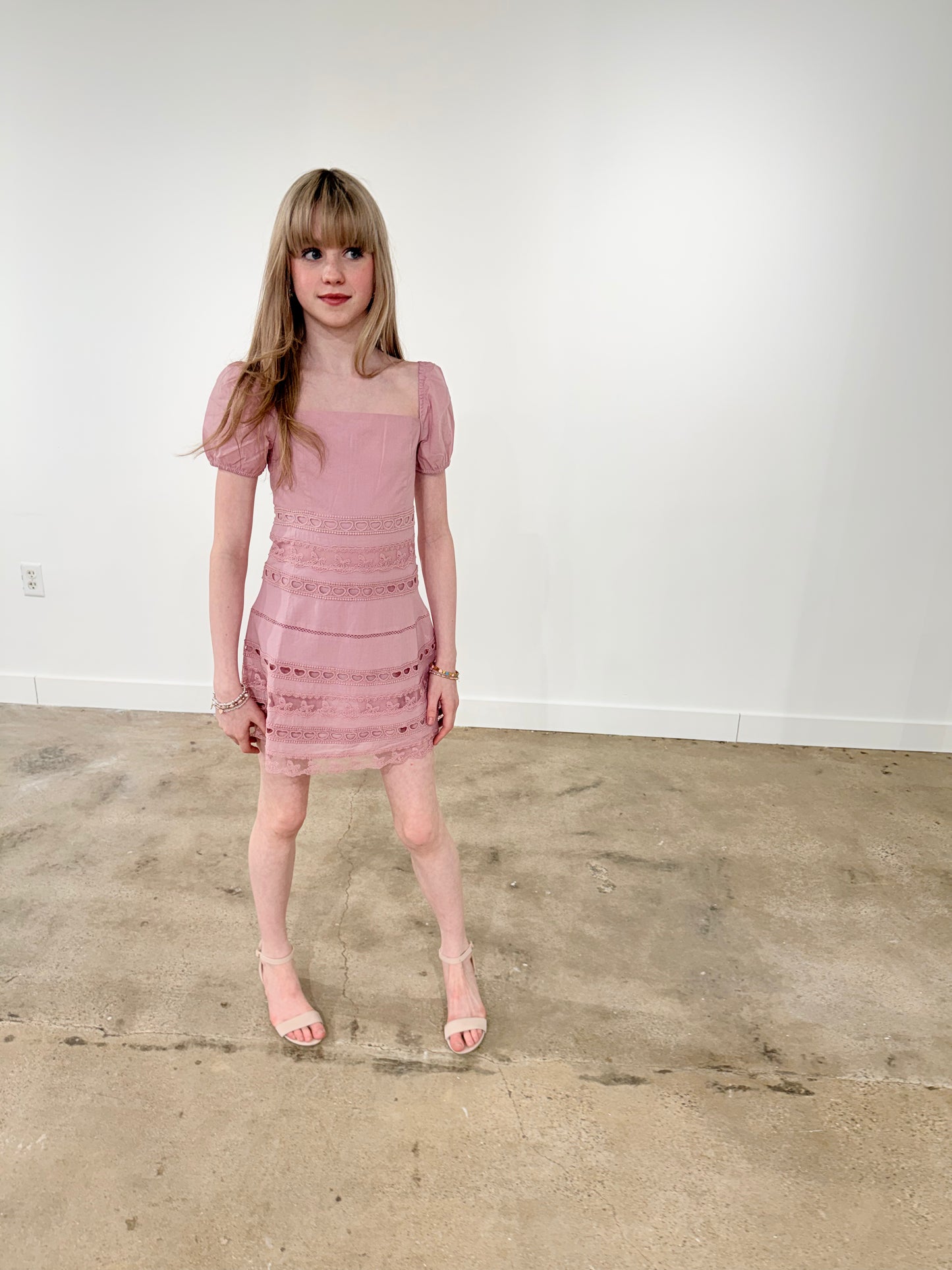 Kennedy Ballet Pink Cotton Lace Heart Bow Lace Dress