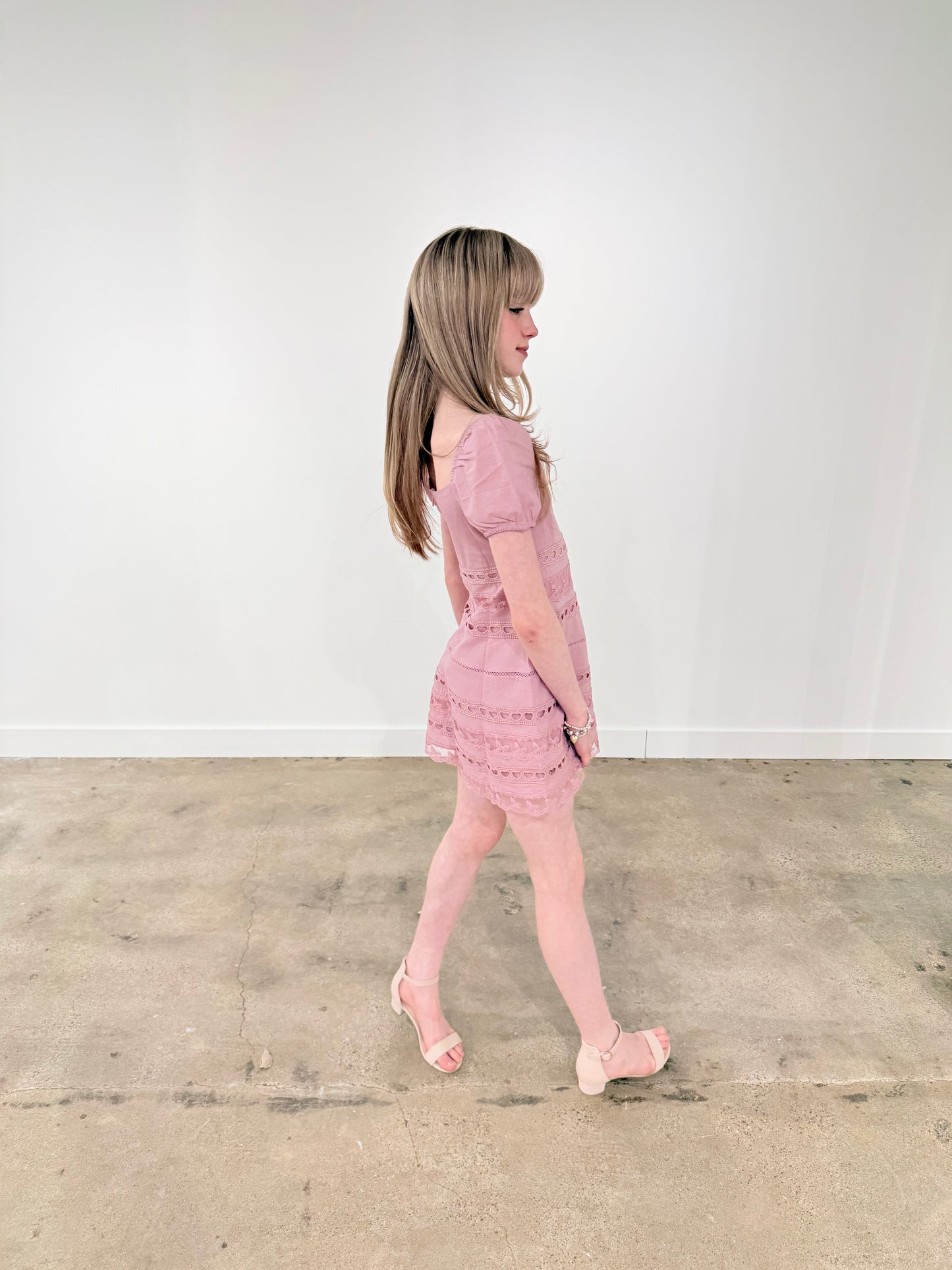 Kennedy Ballet Pink Cotton Lace Heart Bow Lace Dress