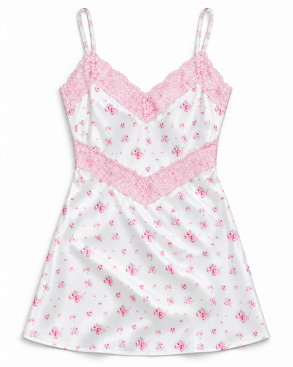 Jewels English Rose - Resort With Mauve Print Satin Dress With Lace Trim