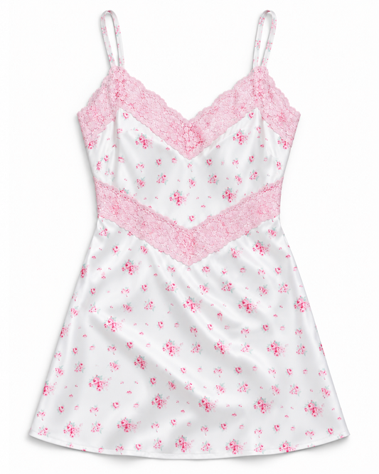Jewels English Rose - Resort With Mauve Print Satin Dress With Lace Trim