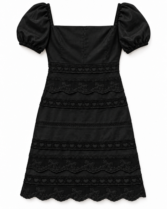 Kennedy Black Cotton Lace Heart Bow Lace Dress