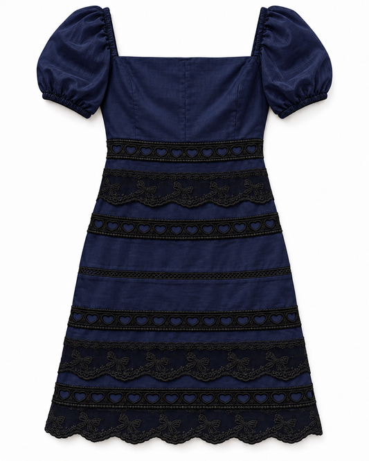 Kennedy Navy Cotton Lace Heart Bow Lace Dress