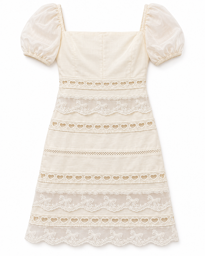 Kennedy Winter White Cotton Lace Heart Bow Lace Dress