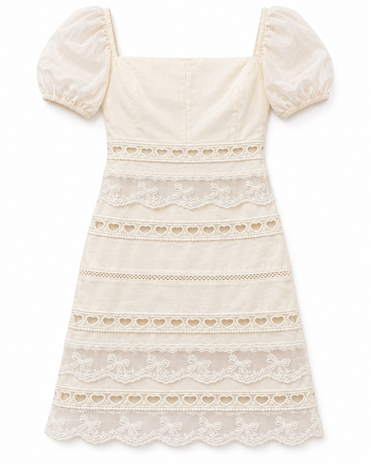 Kennedy Winter White Cotton Lace Heart Bow Lace Dress