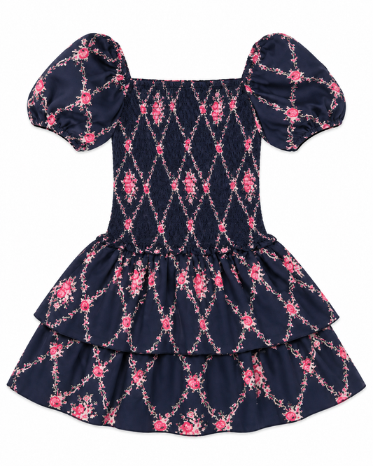Lexi Vintage Rose Navy Satin Smocked Short Sleeve Ruffle Dress