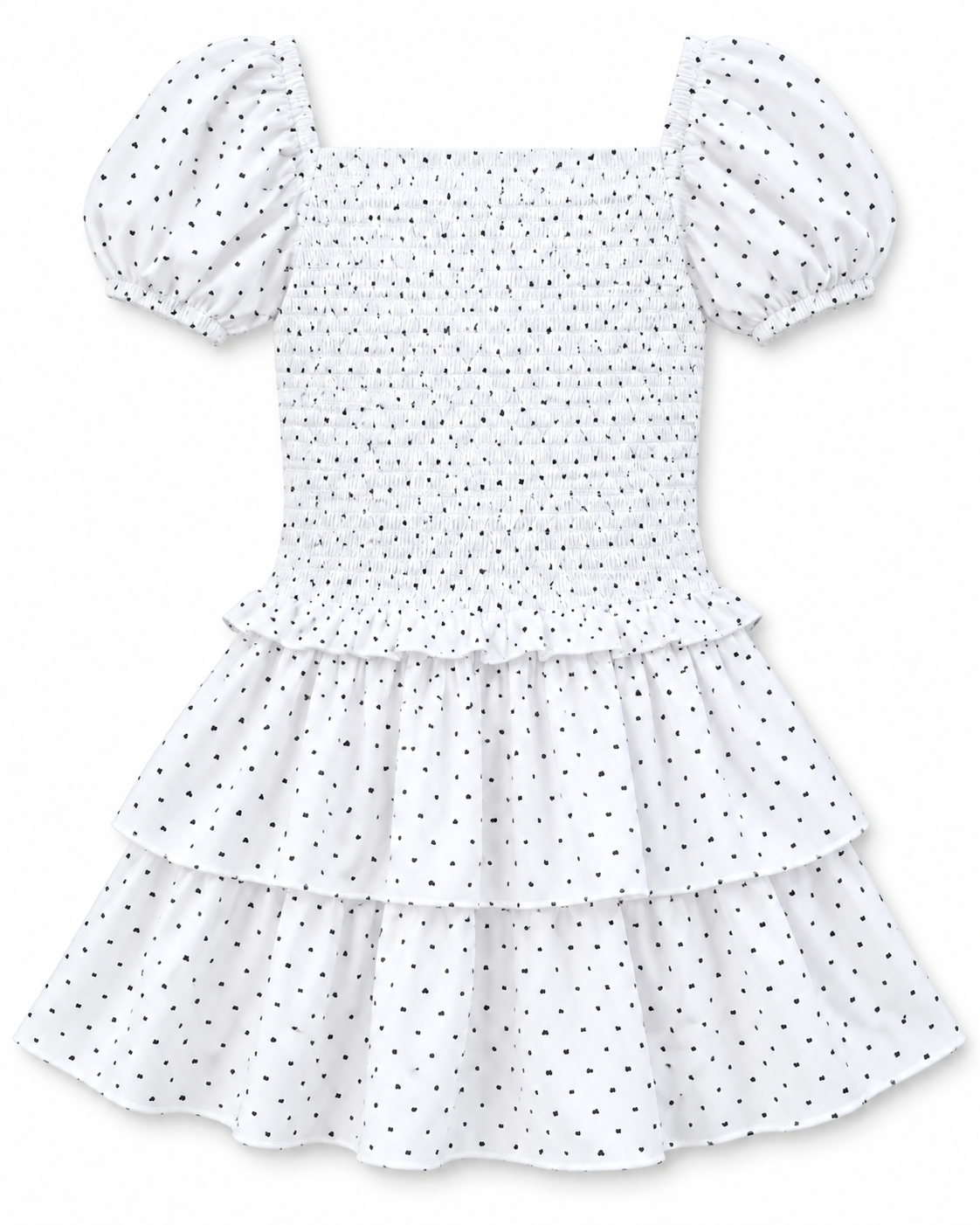 Lexi Petite Heart Satin Smocked Short Sleeve Ruffle Dress