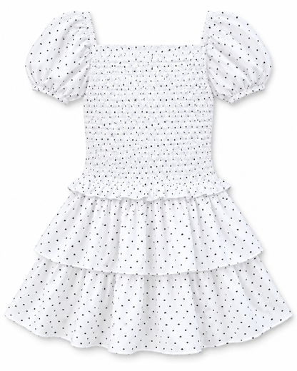 Lexi Petite Heart Satin Smocked Short Sleeve Ruffle Dress