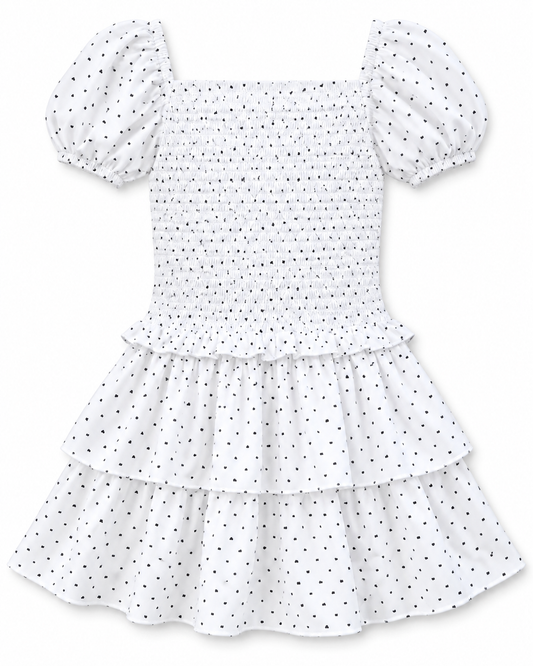 Lexi Petite Heart Satin Smocked Short Sleeve Ruffle Dress