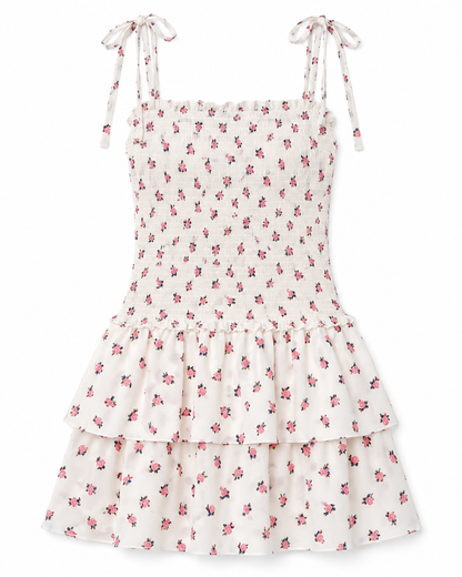 Lola White Rose Satin Smocked Ruffle Dress