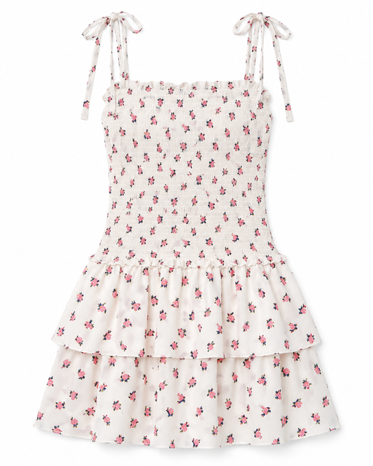 Lola White Rose Satin Smocked Ruffle Dress
