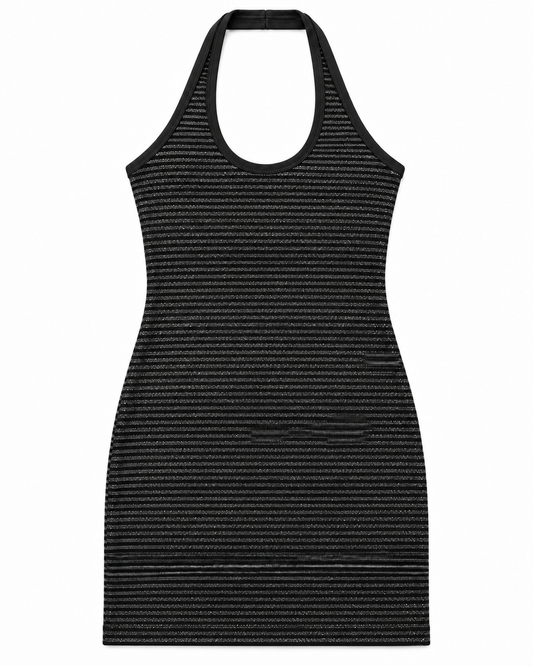 Mackenzie Black Stripes Metallic Halter Mini Dress