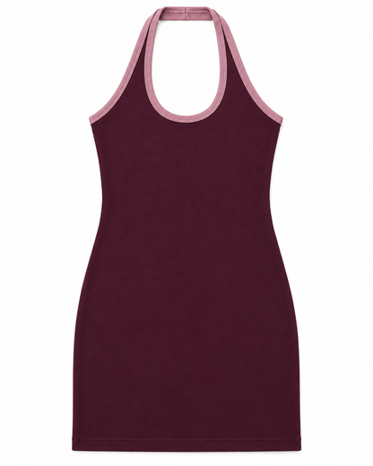 Mackenzie Merlot With Mauve Trim Cotton Spandex Halter Mini Dress