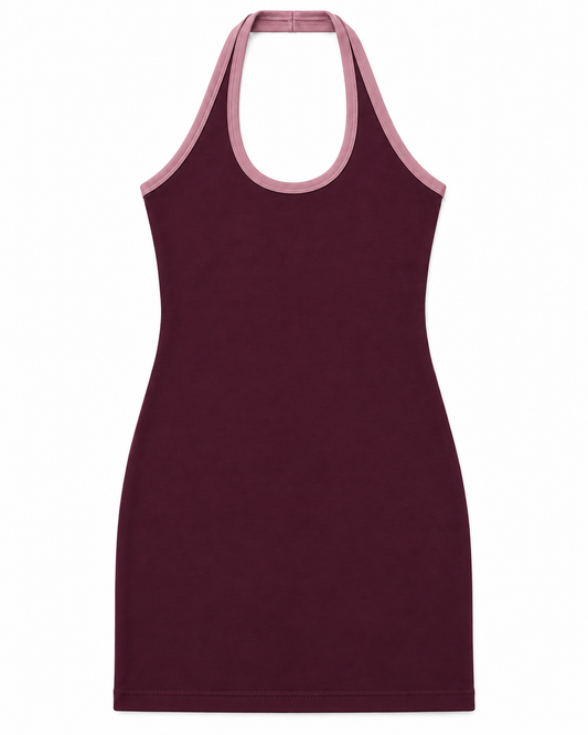 Mackenzie Merlot With Mauve Trim Cotton Spandex Halter Mini Dress