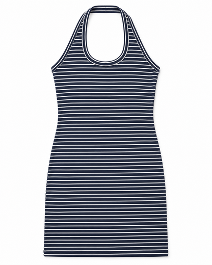 Mackenzie Navy and White Stripe Cotton Spandex Halter Mini Dress