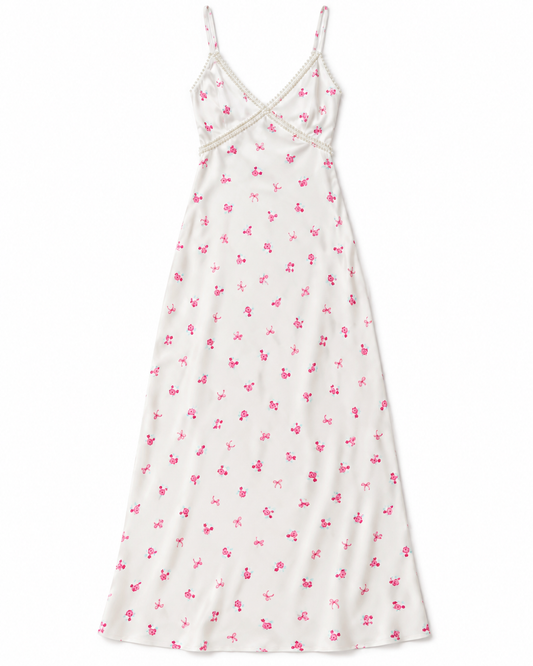 Miller Rose Bow Champagne Satin Maxi Dress With Lace Trim