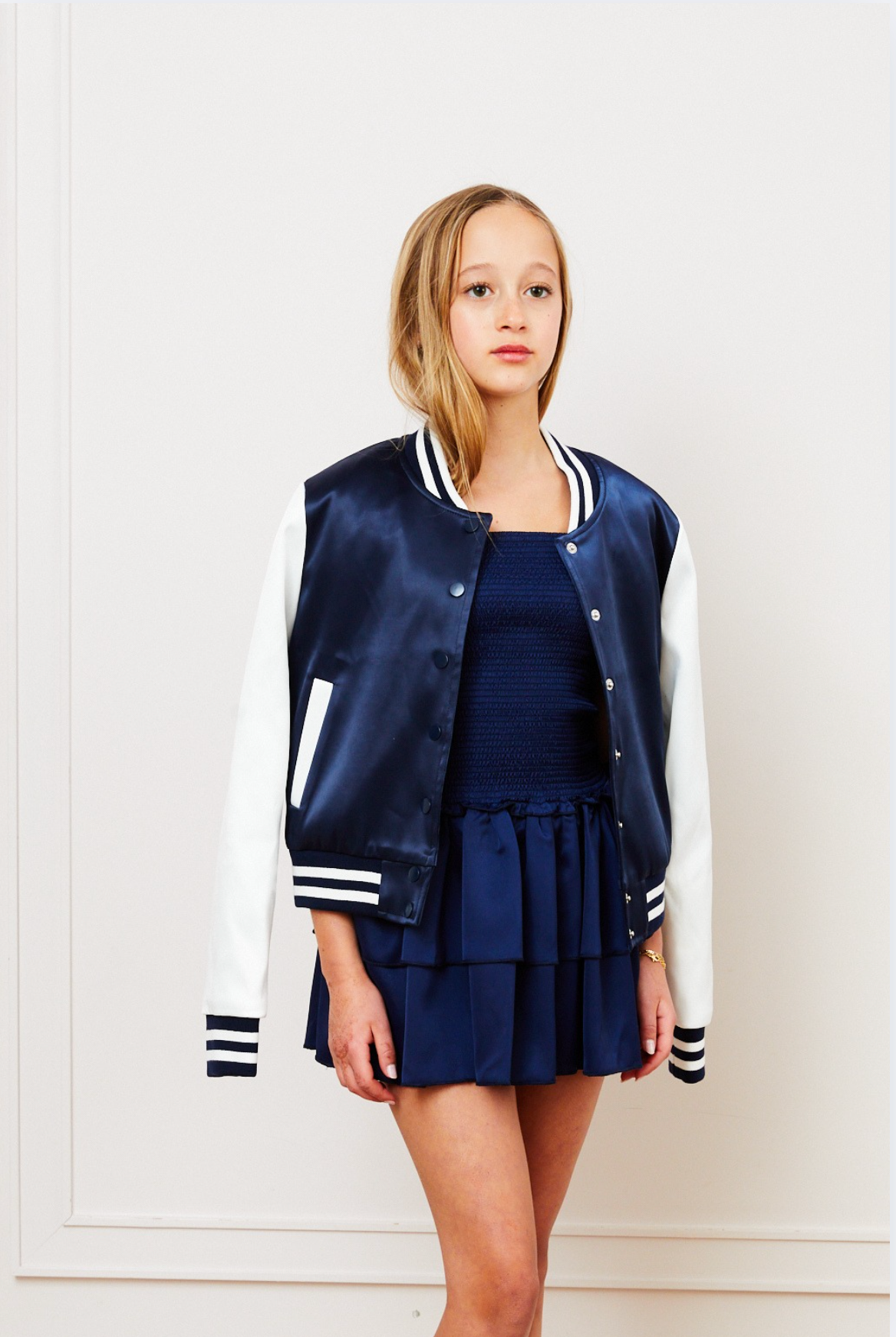 Valley Satin Varsity Jacket Navy & White