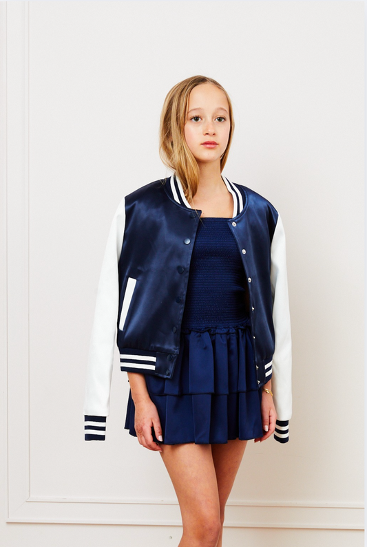Valley Satin Varsity Jacket Navy & White