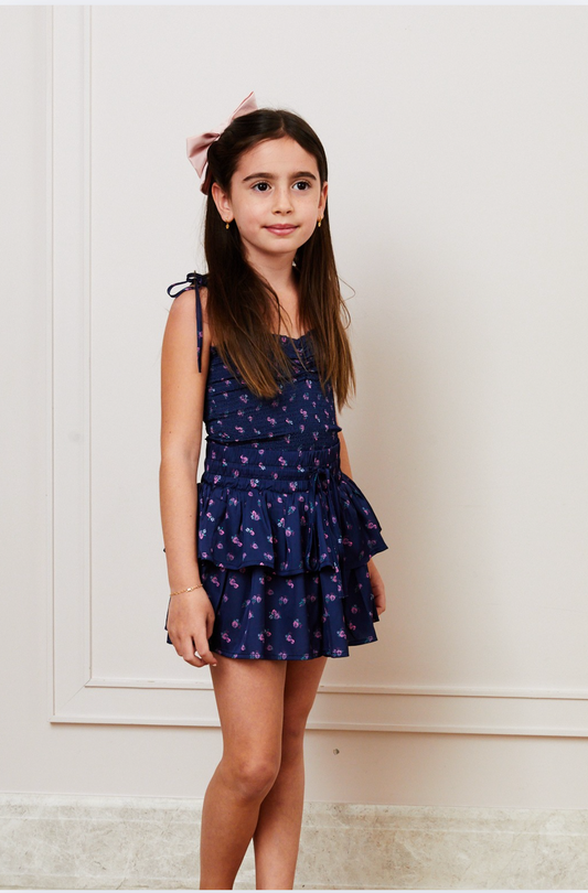 Georgia Navy Rose Satin Smocked Top
