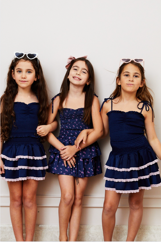 Georgia Navy Satin Smocked Top