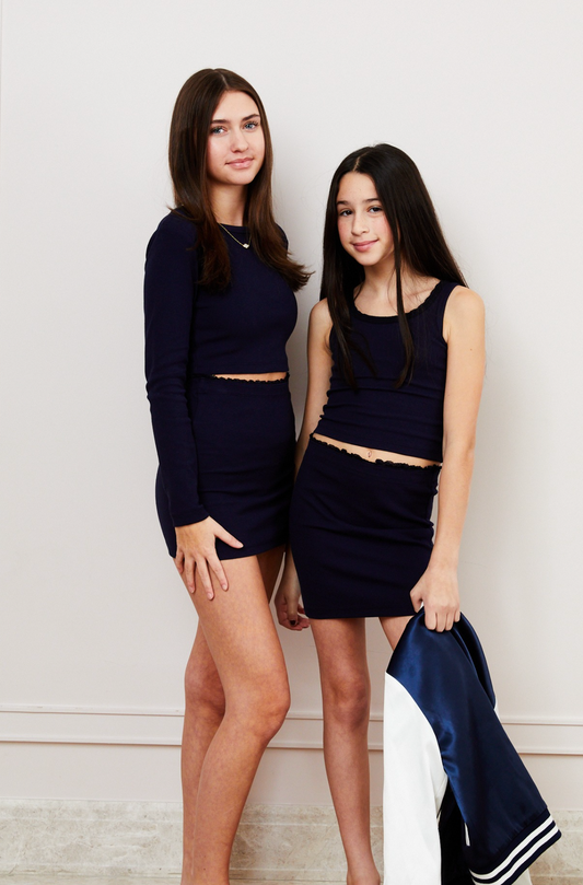 Stella Ribbed Tank - Navy with Lace Trim