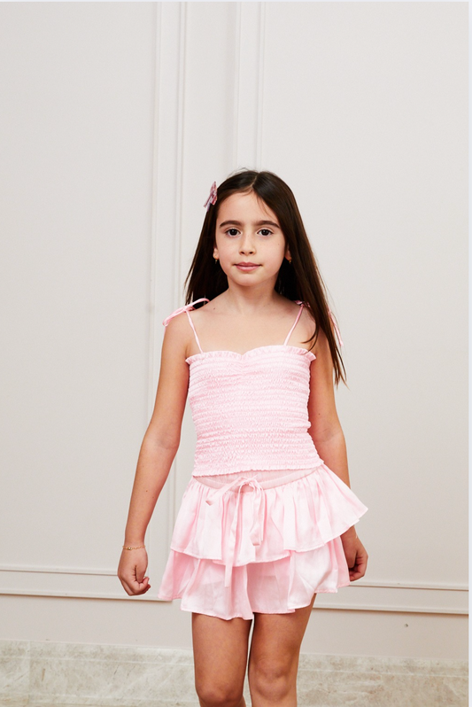 Georgia Resort Pink Satin Smocked Top