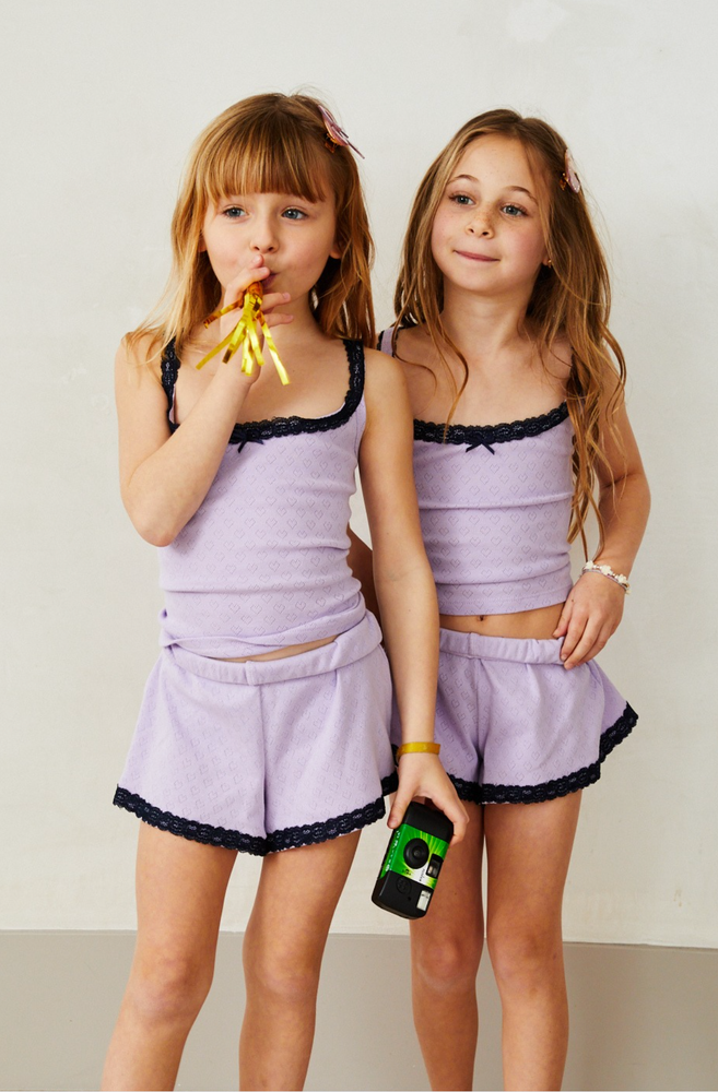 Teddy Lavender Heart Pointelle Shorts with Navy Lace