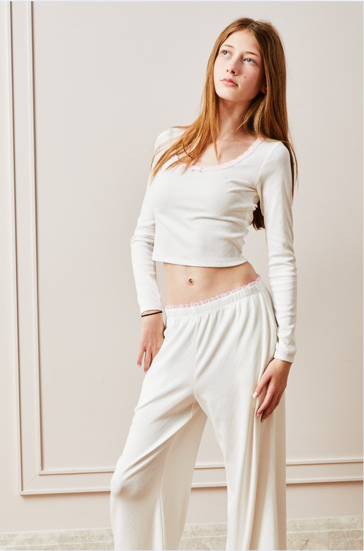 Jax Heart Pointelle Long Sleeve White with Pink Lace