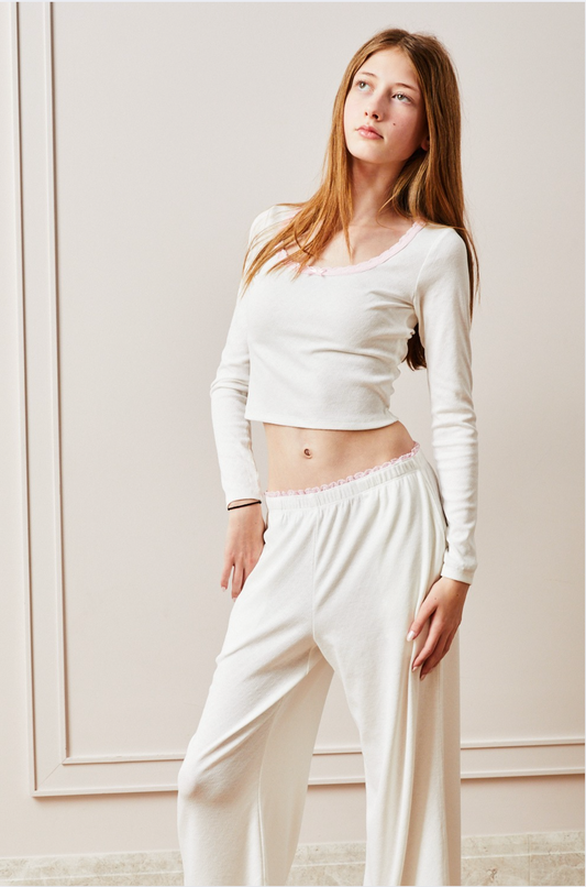 Jax Heart Pointelle Long Sleeve White with Pink Lace