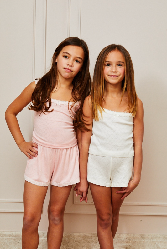 Teddy Light Pink Heart Pointelle Shorts with White Lace