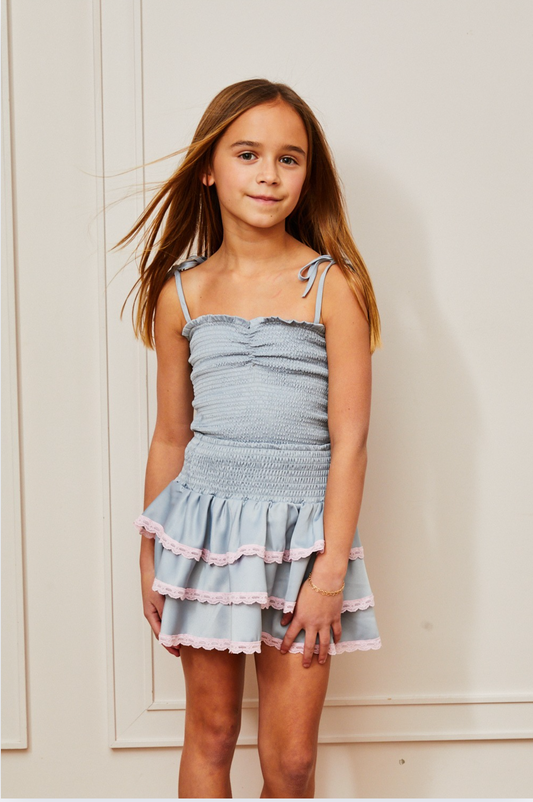 Gemma Satin Grey Mini Skirt with Pink Lace