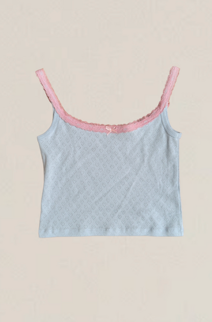 Lizzie Blue Heart Pointelle Tank with Pink Lace