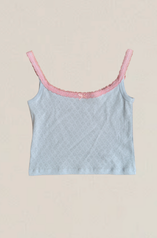 Lizzie Blue Heart Pointelle Tank with Pink Lace