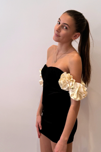 Montgomery Rossette Off the Shoulder Black Velour Dress