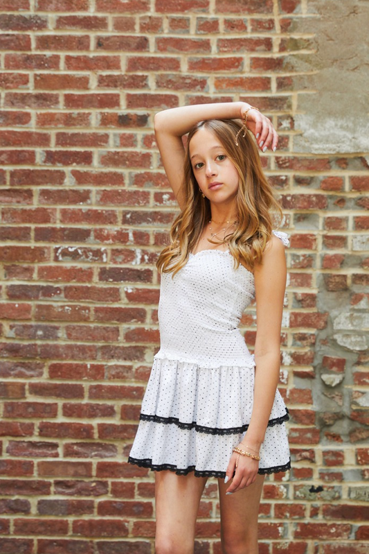 Lola Heart Polka Dot Satin Smocked Ruffle Dress