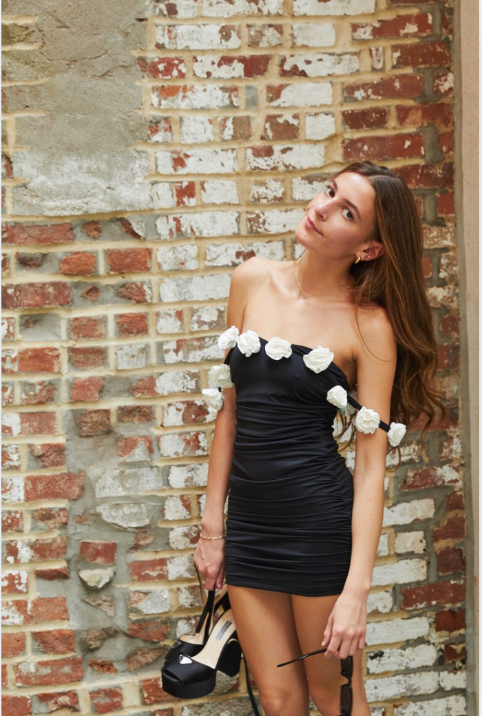 Cameron Black With White Roses Rose Off the Shoulder Mini Dress