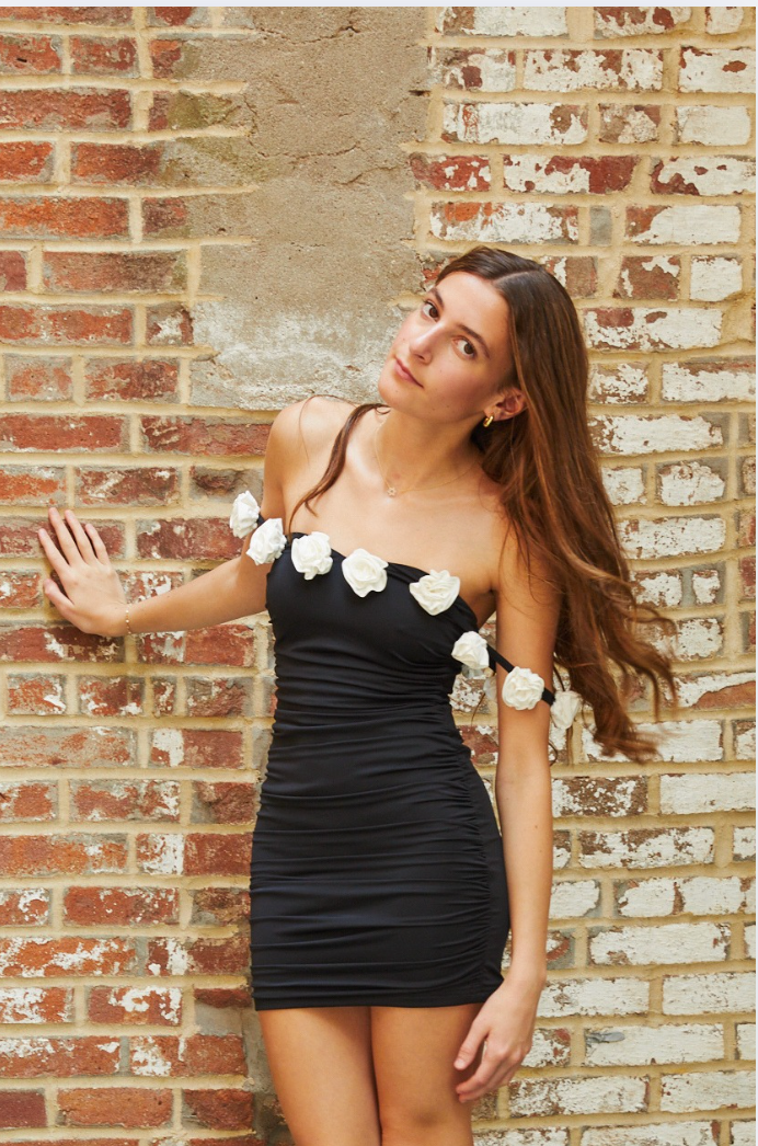 Cameron Black With White Roses Rose Off the Shoulder Mini Dress