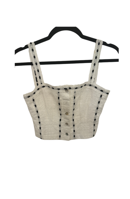 Skylar White Heart & Flower Eyelet With Black Ribbon Tank Top