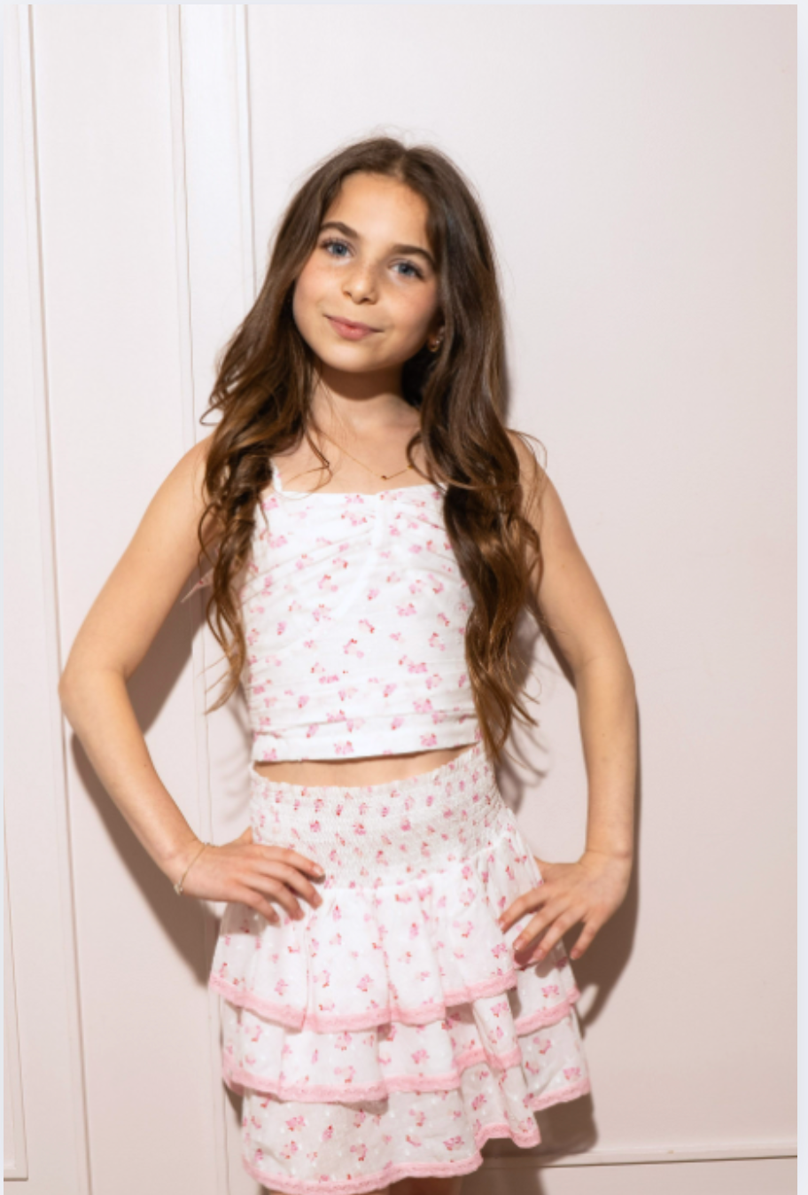Gemma White With Pastel Pink Ditsy Dot Smocked Ruffle Mini Skirt