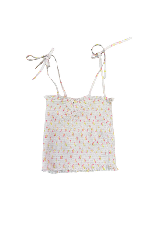 Georgia White With Pastel Yellow Ditsy Satin Smocked Top