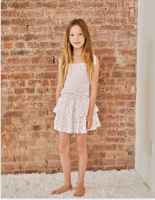 Georgia White With Pastel Pink Ditsy Satin Smocked Top