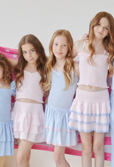 Lola Pastel Blue Pin Stripes With Pink Trim Satin Smocked Ruffle Dress