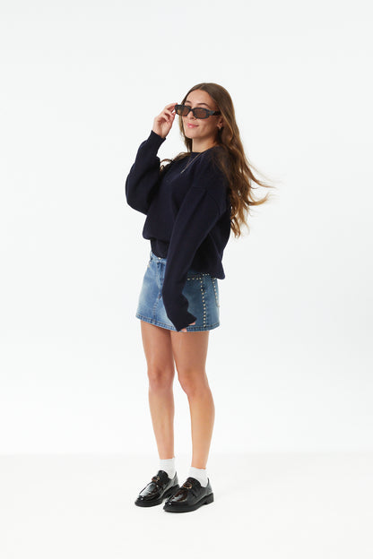 Cooper Light Wash Denim With Studs Skirt