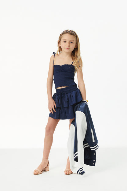 Georgia Navy Satin Smocked Top