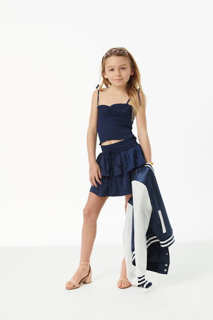 Georgia Navy Satin Smocked Top