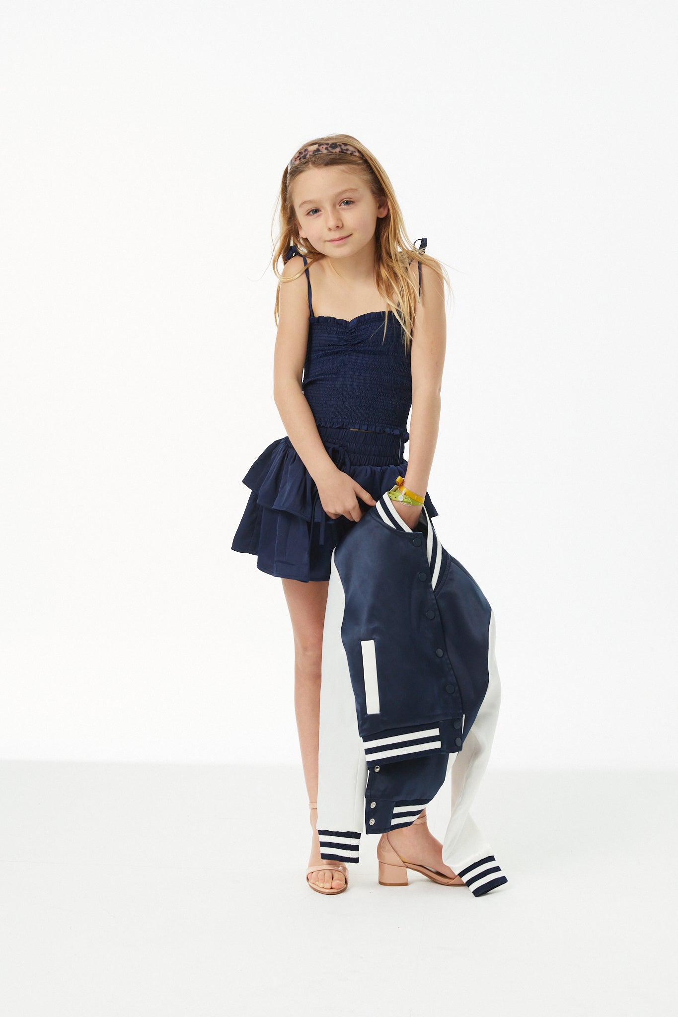 Georgia Navy Satin Smocked Top
