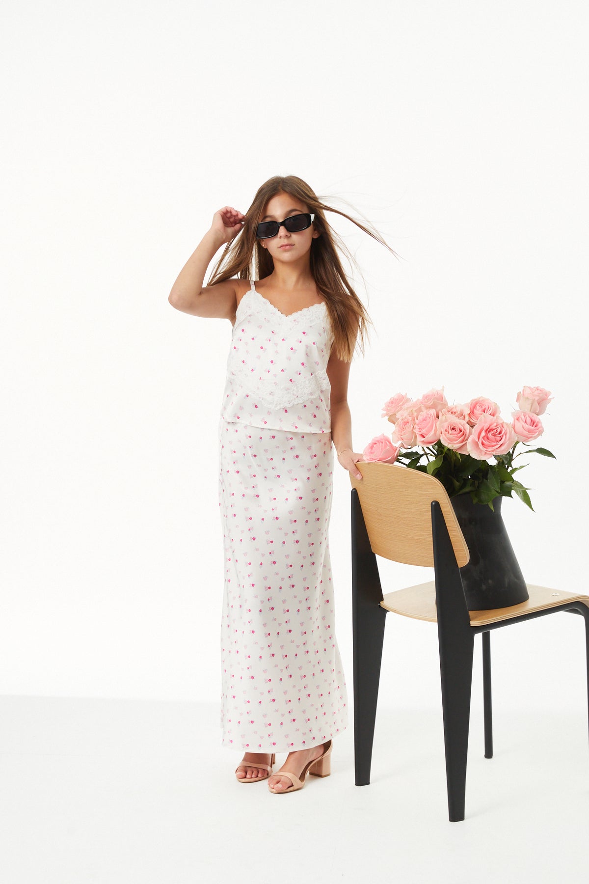 Joey Theme Ditsy Champagne Satin Maxi Skirt