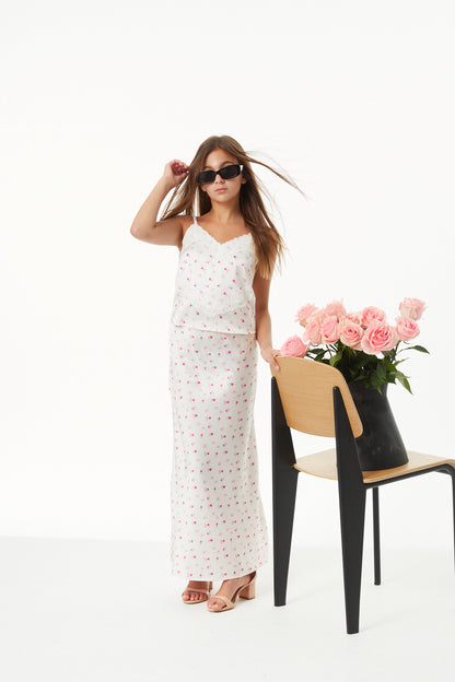 Joey Theme Ditsy Champagne Satin Maxi Skirt