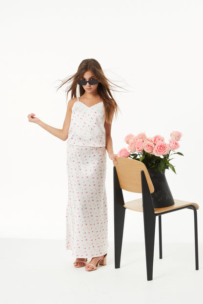 Joey Theme Ditsy Champagne Satin Maxi Skirt
