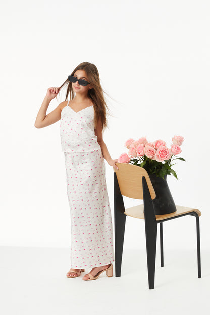 Margot Theme Ditsy Champagne Satin Tank With Lace Trim