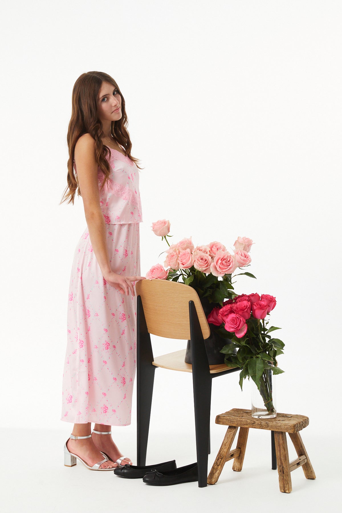 Joey Vintage Rose Ballet Pink Satin Maxi Skirt